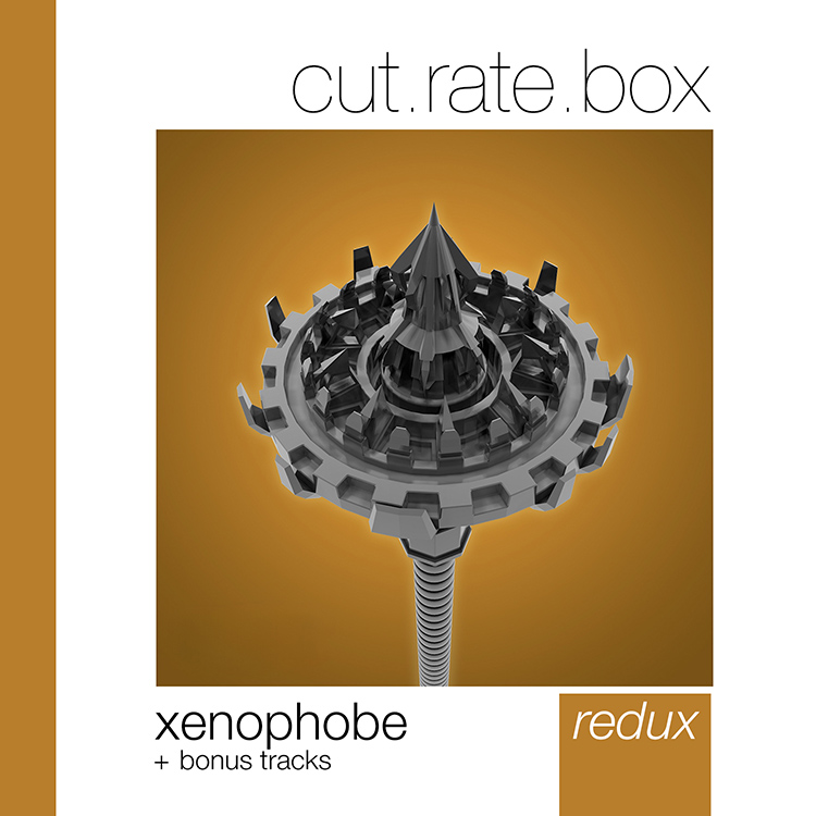 the cover of the cut.rate.box xenophobe redux edition album, which appears to be a spiky medical-like device at the end of a metal conduit
